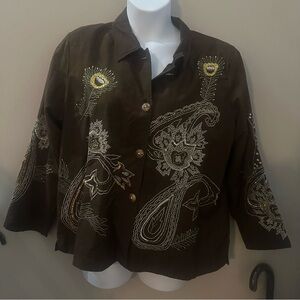 Embroidered Brown Jacket with Gold Accents Floral Indigo Moon Boho Indie VTG